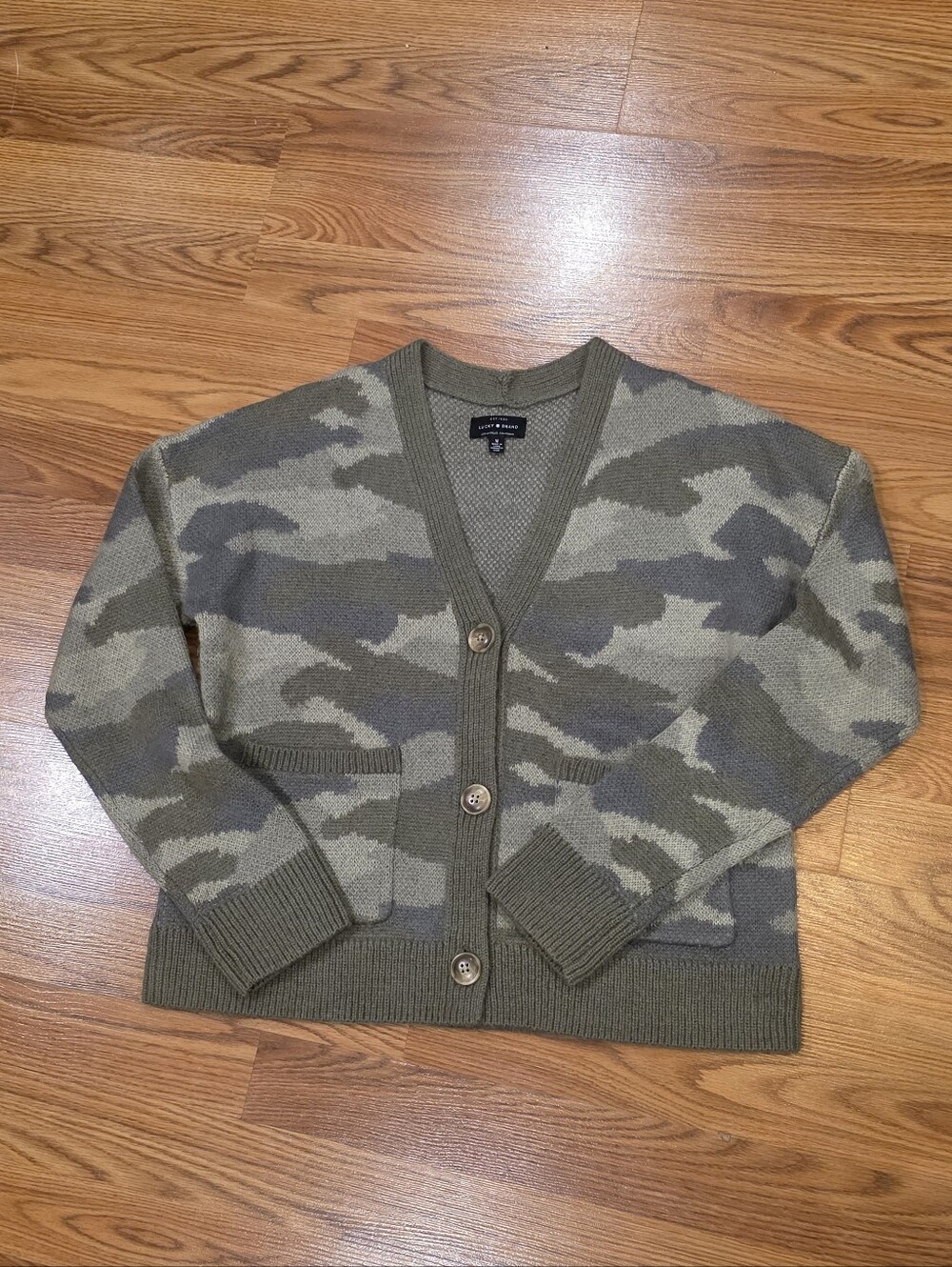 Lucky Brand Wool Blend Green Camo Cardigan Women's Medium *EUC*